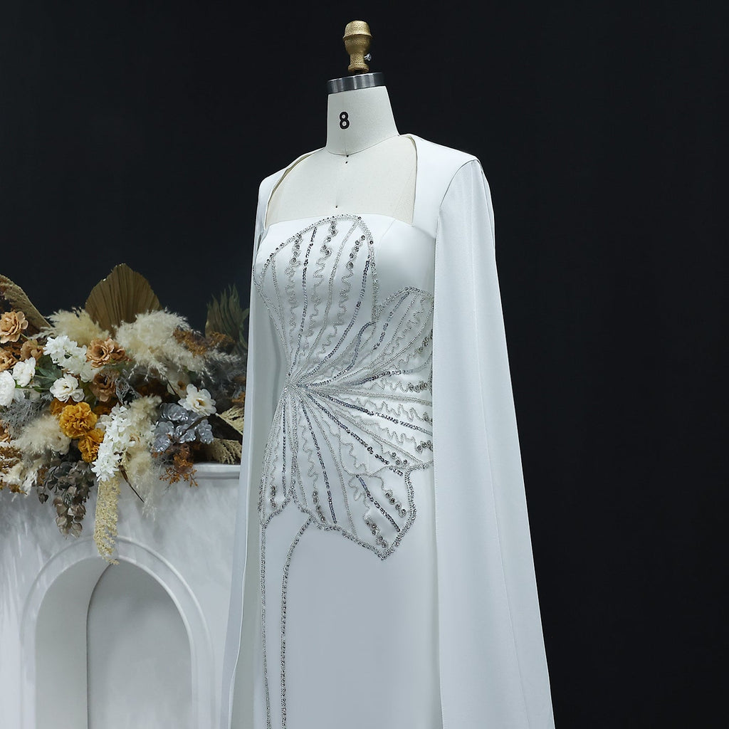 Elegant Beaded Black Long Evening Dress with Cape Sleeves SS275