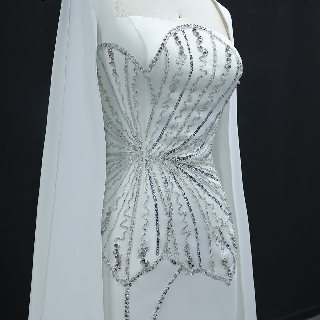 Elegant Beaded Black Long Evening Dress with Cape Sleeves SS275