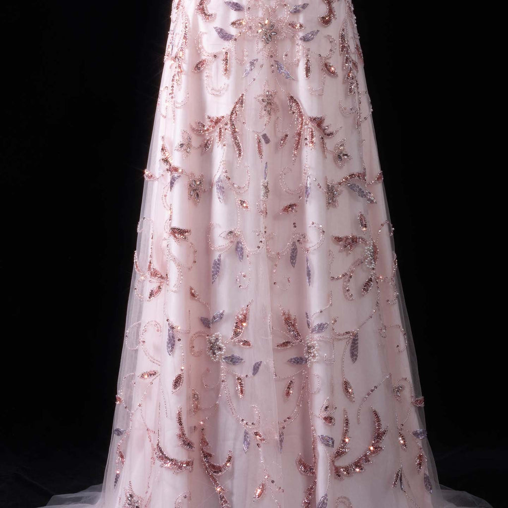 Elegant Pink Beaded Embroidered Strapless Evening Dress SS529