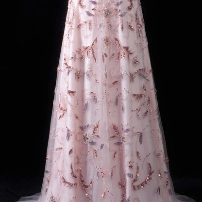 Luxury Pink Embroidered Beaded Strapless Fitted Evening Dress SS529