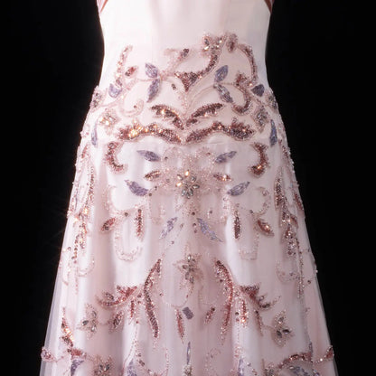 Luxury Pink Embroidered Beaded Strapless Fitted Evening Dress SS529