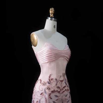 Luxury Pink Embroidered Beaded Strapless Fitted Evening Dress SS529