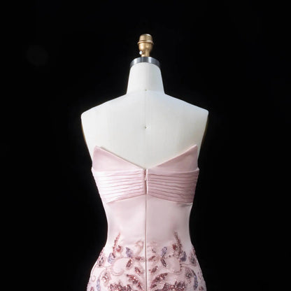 Luxury Pink Embroidered Beaded Strapless Fitted Evening Dress SS529