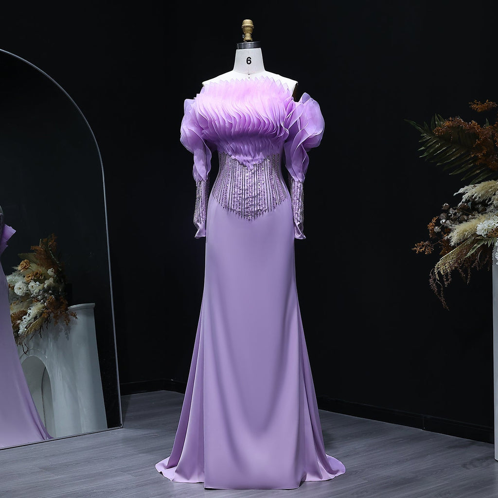 Elegant Beaded Lilac Off Shoulder Evening Dress XD-006