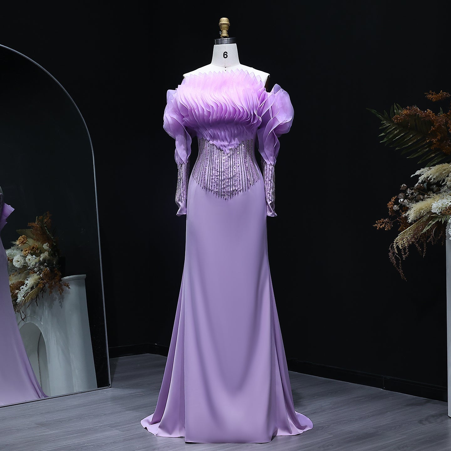 Elegant Beaded Lilac Off Shoulder Evening Dress XD-006