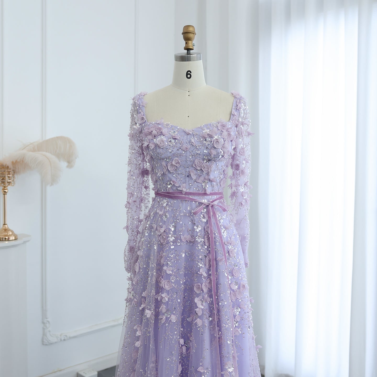 Luxury 3D Flower Gray Long Sleeves A-Line Evening Dress SS353