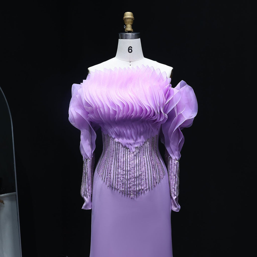 Elegant Beaded Lilac Off Shoulder Evening Dress XD-006