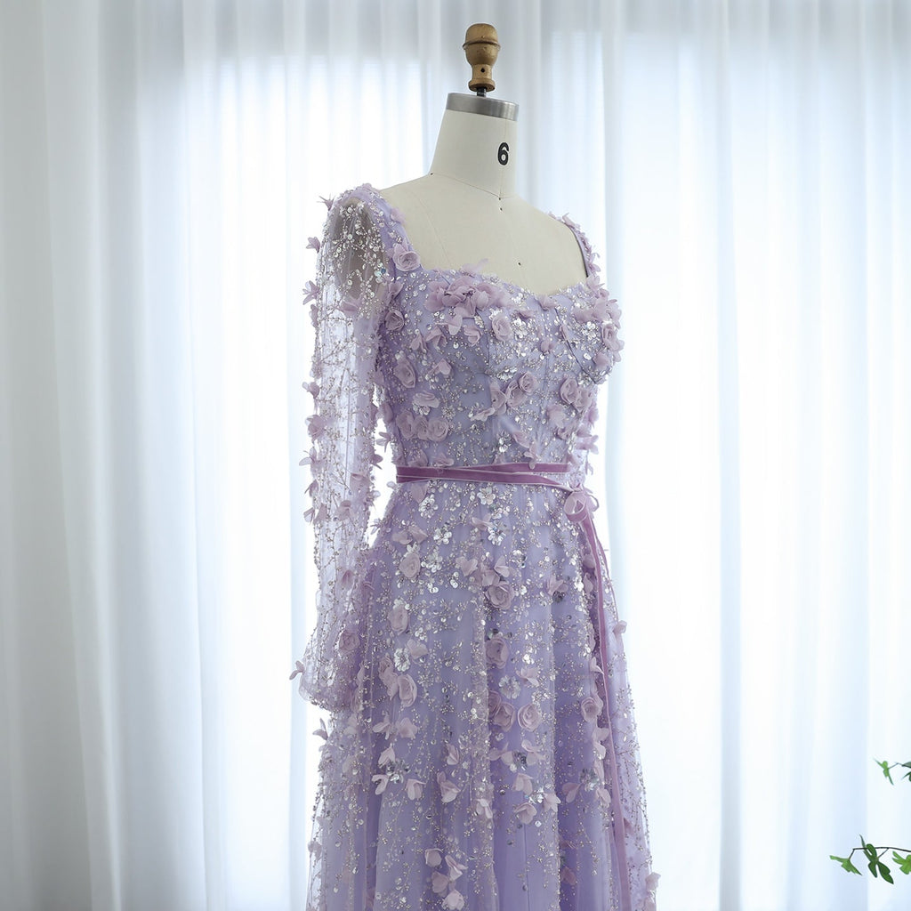 Luxury 3D Flower Gray Long Sleeves A-Line Evening Dress SS353