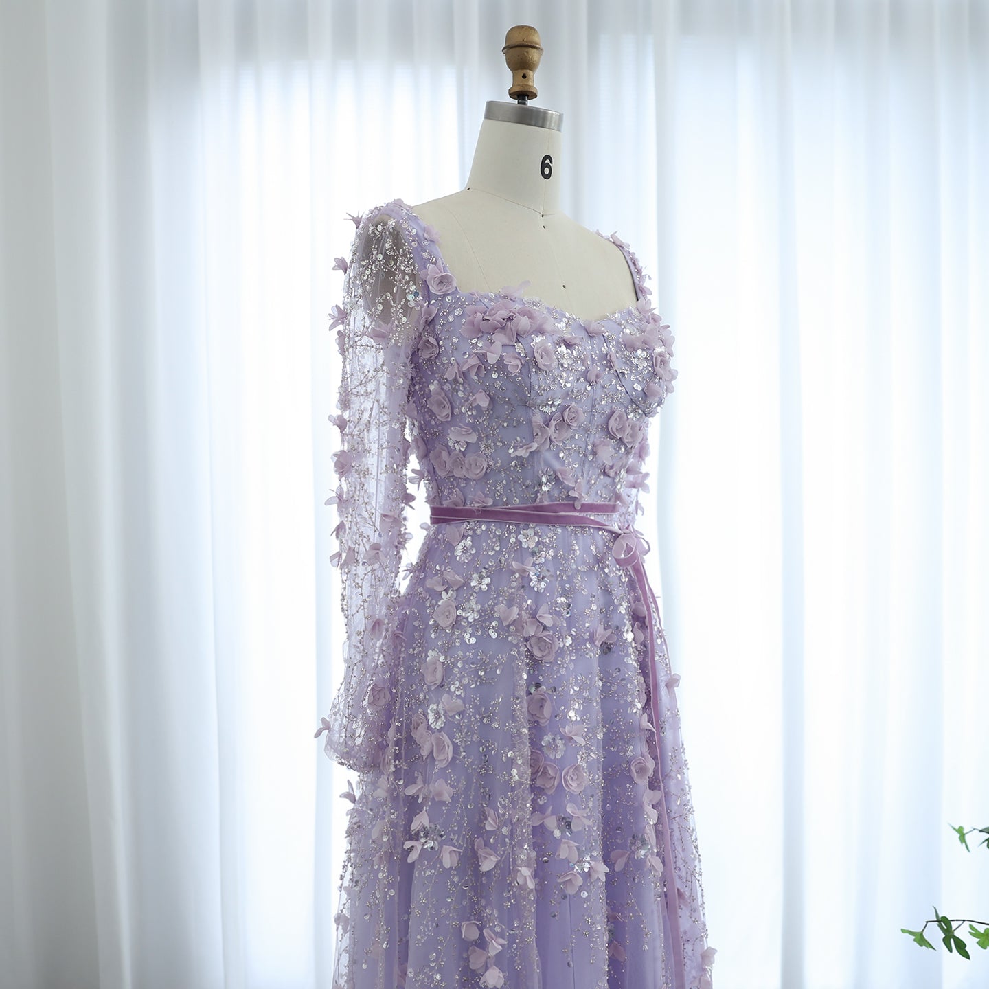 Luxury 3D Flower Gray Long Sleeves A-Line Evening Dress SS353