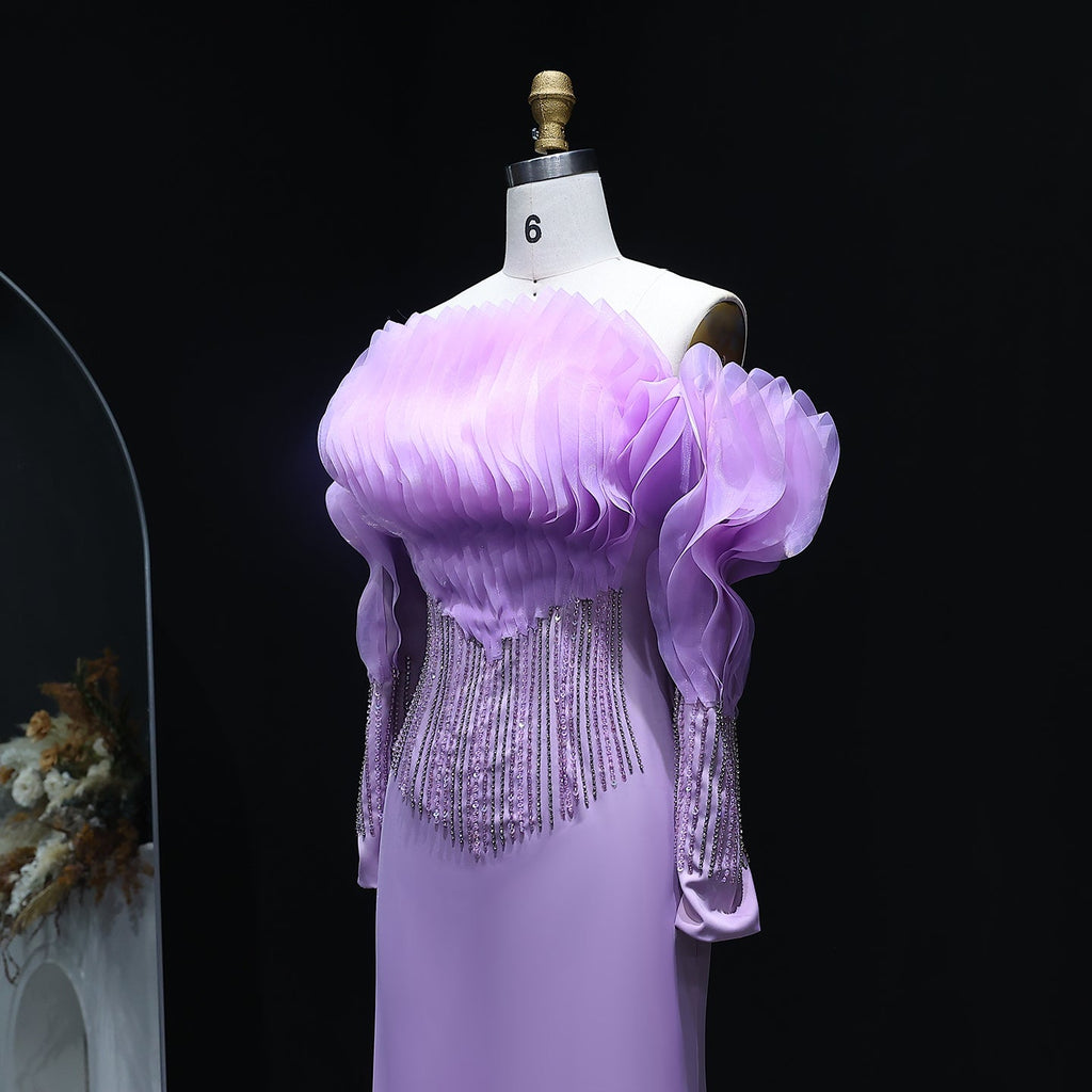 Elegant Beaded Lilac Off Shoulder Evening Dress XD-006
