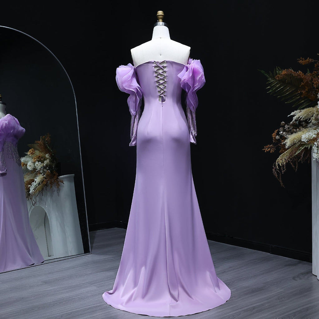 Elegant Beaded Lilac Off Shoulder Evening Dress XD-006