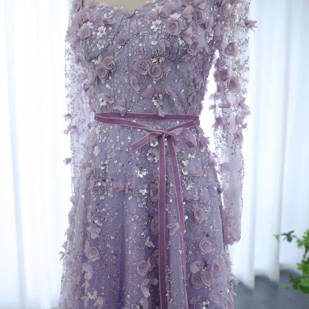 Luxury 3D Flower Gray Long Sleeves A-Line Evening Dress SS353