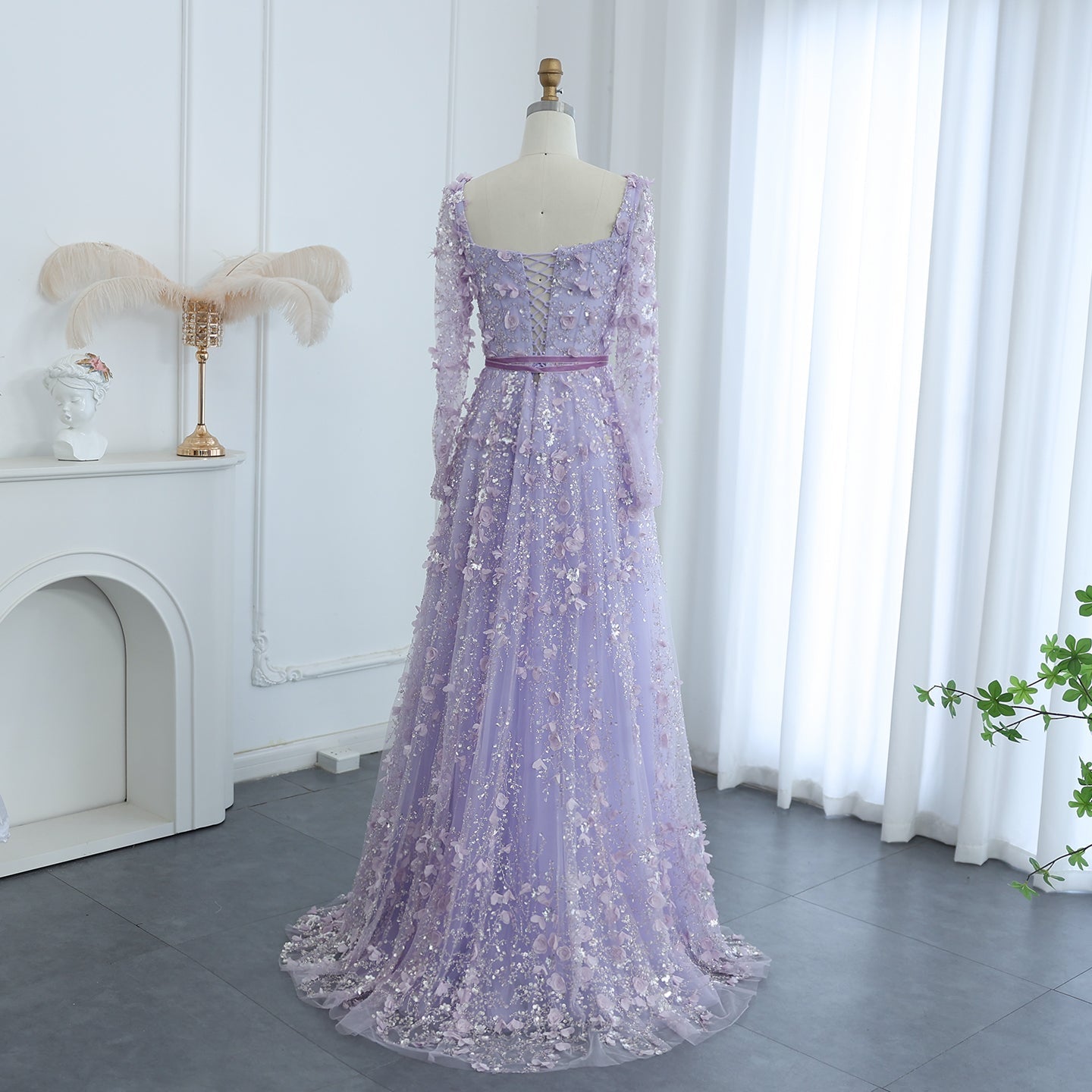 Luxury 3D Flower Gray Long Sleeves A-Line Evening Dress SS353