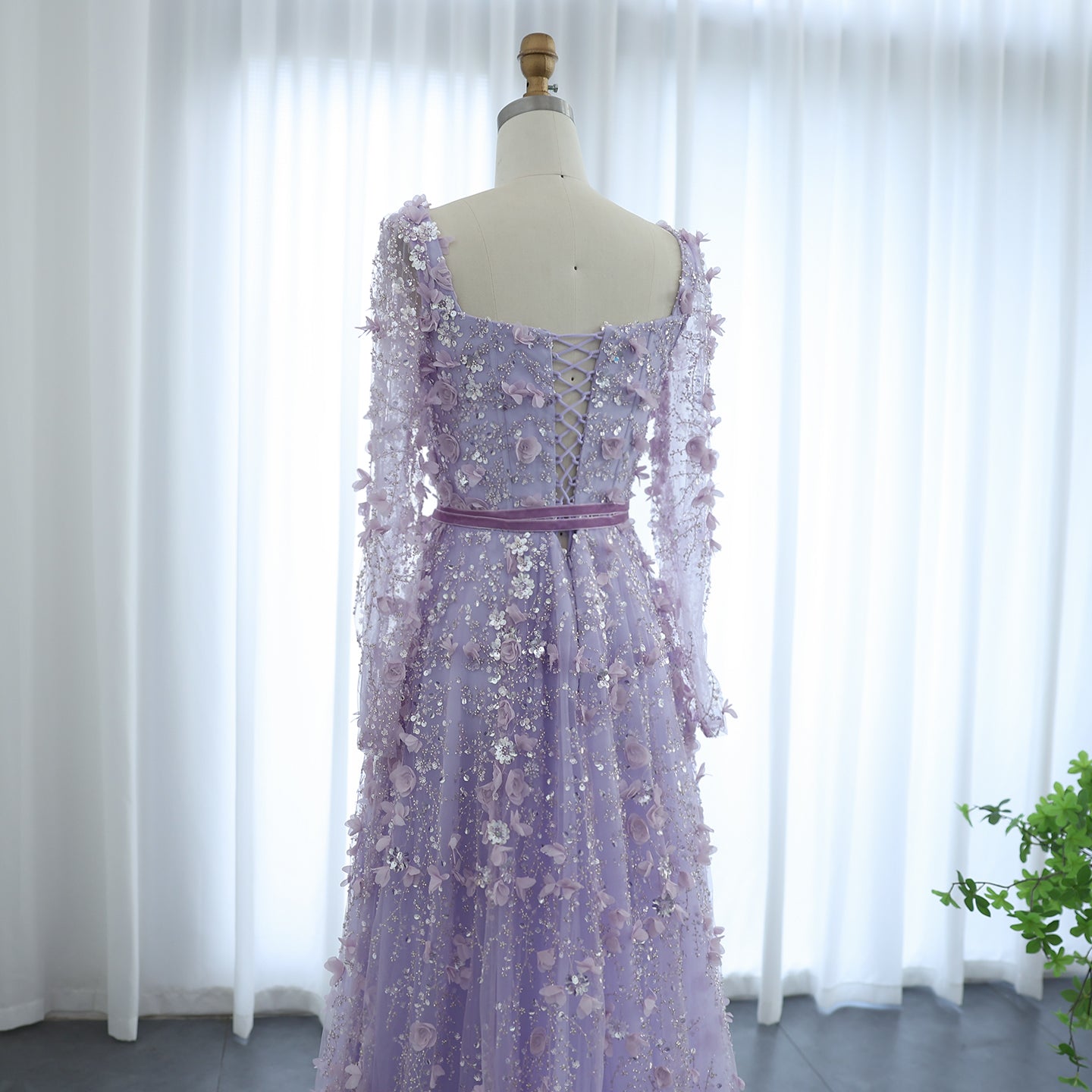 Luxury 3D Flower Gray Long Sleeves A-Line Evening Dress SS353