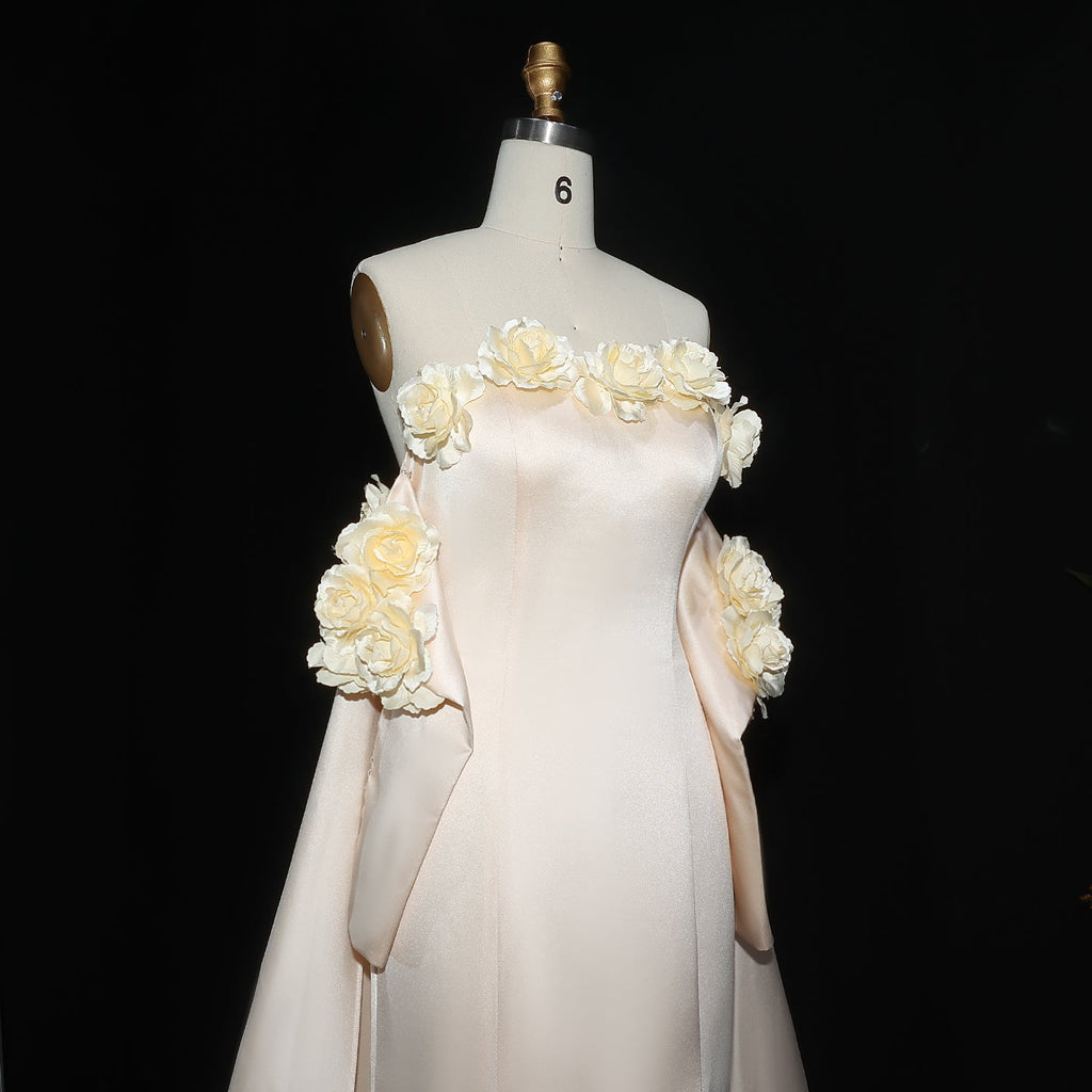 Elegant 3D Flowers Peach Mermaid Evening Dress with Cape SF189