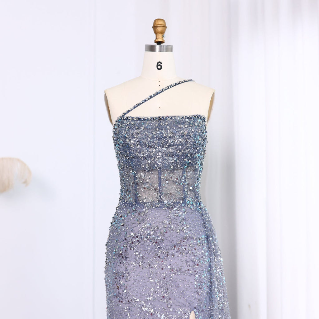 Luxury Blue One Shoulder Evening Dress with Overskirt SS710