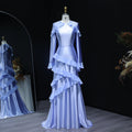 Elegant Blue Long Sleeves Tiered Satin Evening Dress SF585
