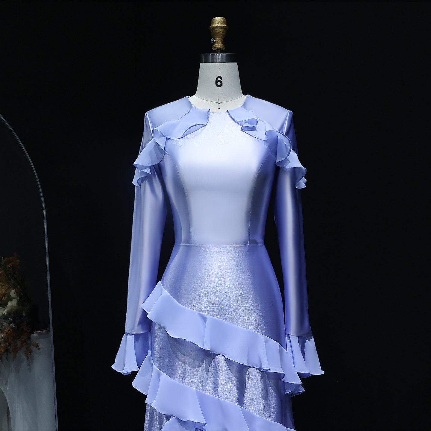 Elegant Blue Long Sleeves Tiered Satin Evening Dress SF585