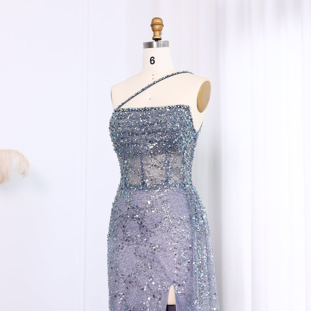Luxury Blue One Shoulder Evening Dress with Overskirt SS710