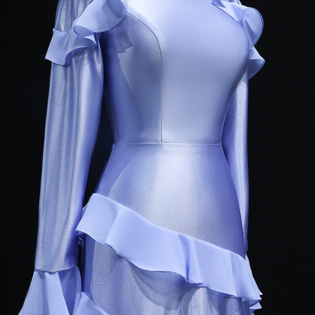 Elegant Blue Long Sleeves Tiered Satin Evening Dress SF585
