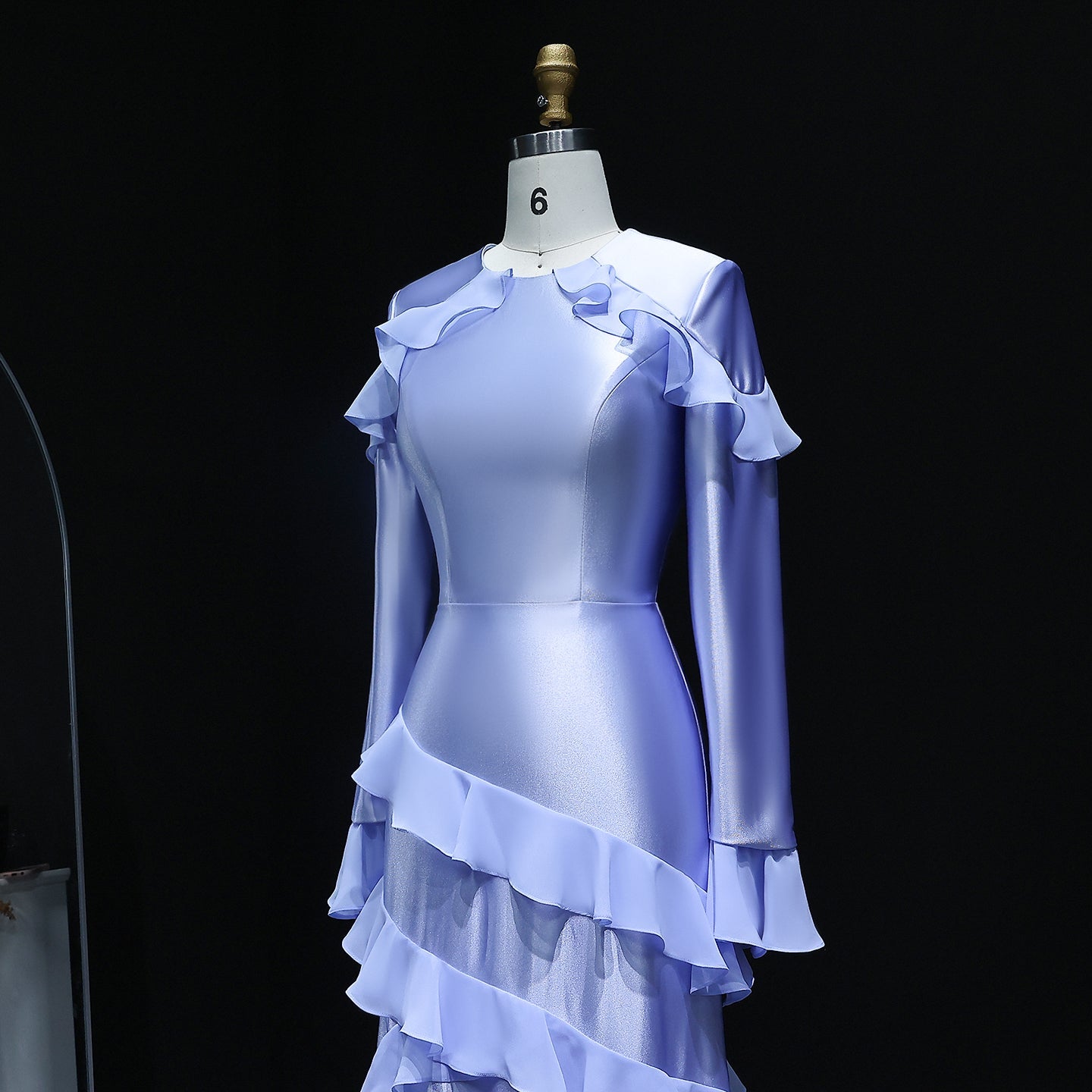 Elegant Blue Long Sleeves Tiered Satin Evening Dress SF585