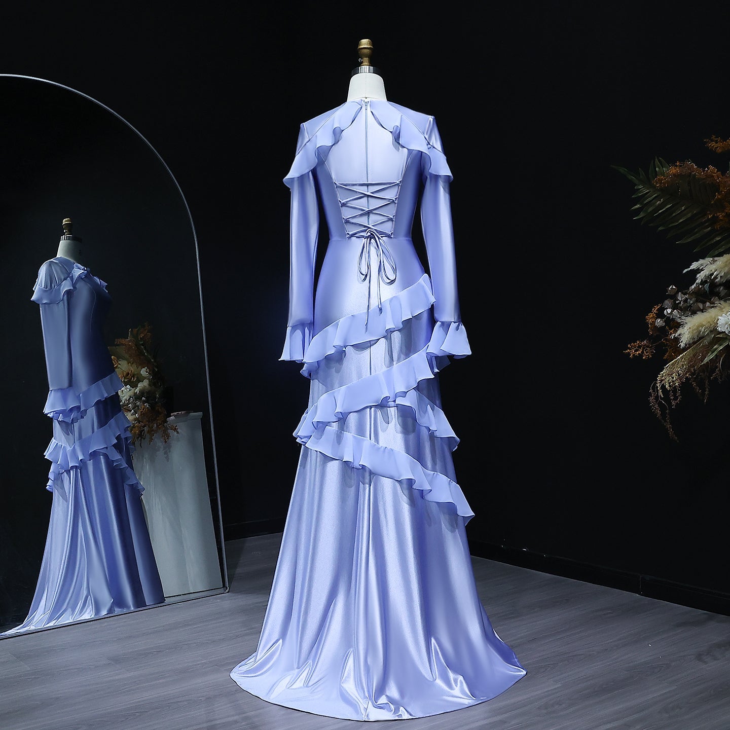 Elegant Blue Long Sleeves Tiered Satin Evening Dress SF585