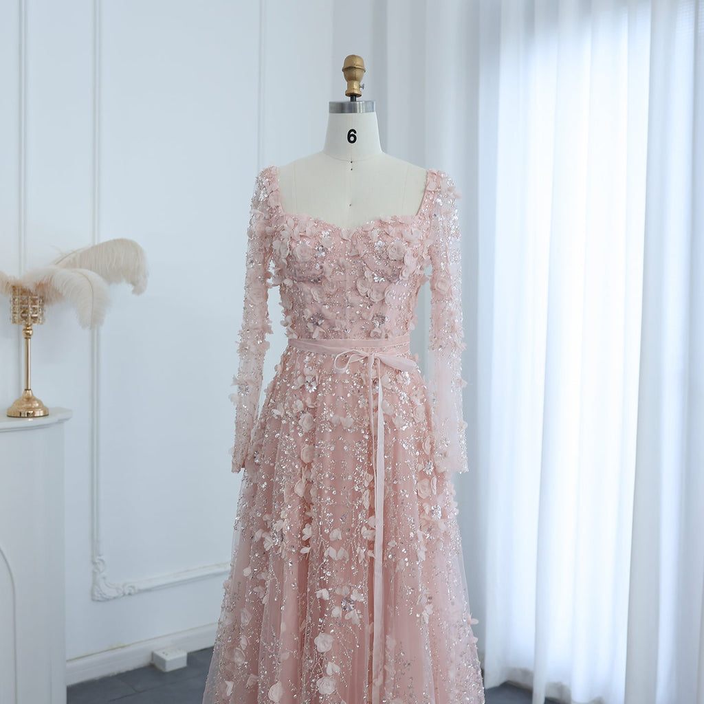 Luxury 3D Flower Gray Long Sleeves A-Line Evening Dress SS353