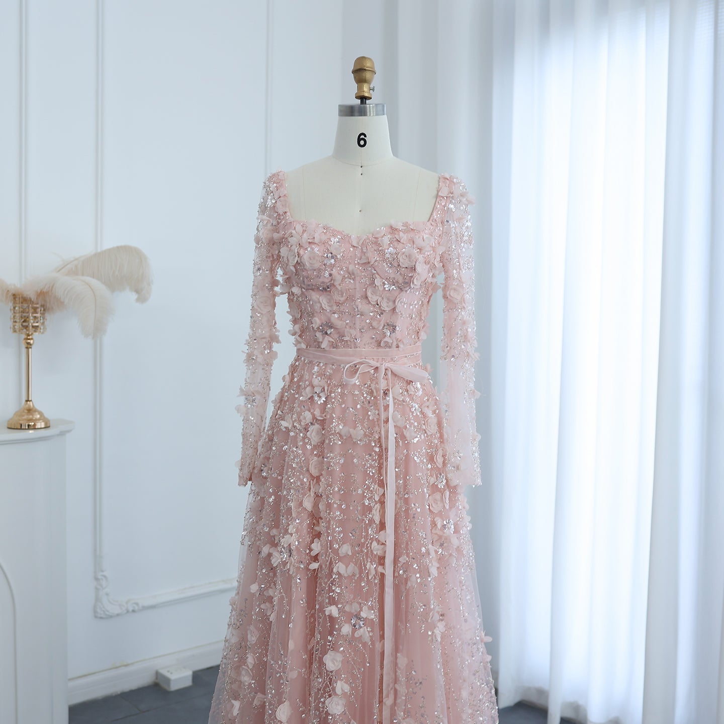 Luxury 3D Flower Gray Long Sleeves A-Line Evening Dress SS353