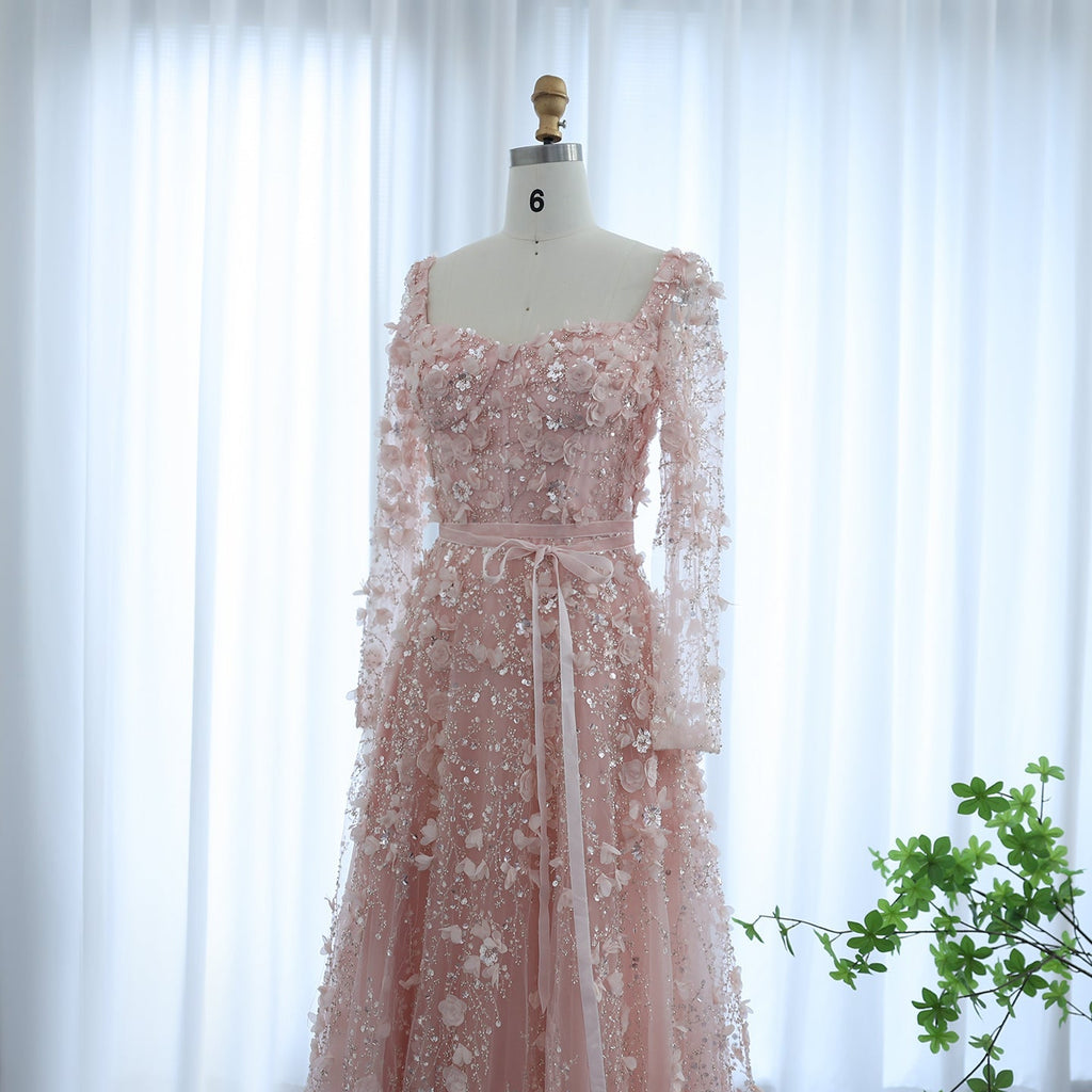 Luxury 3D Flower Gray Long Sleeves A-Line Evening Dress SS353