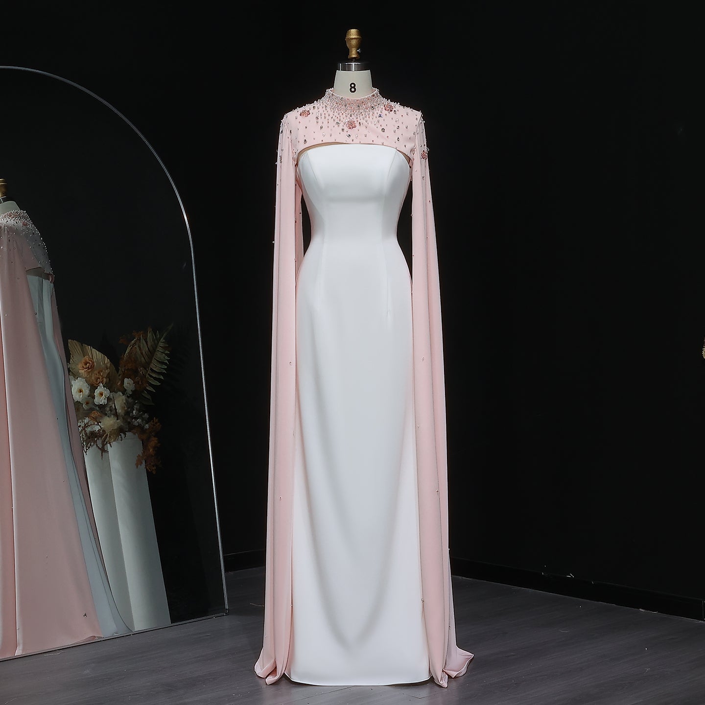 Luxury White Sheath Evening Dress with Crystal Cape SF251