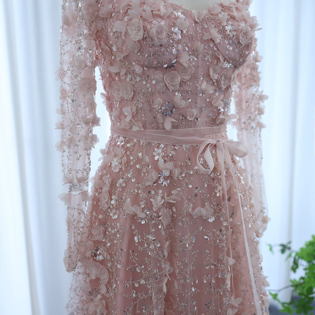 Luxury 3D Flower Gray Long Sleeves A-Line Evening Dress SS353