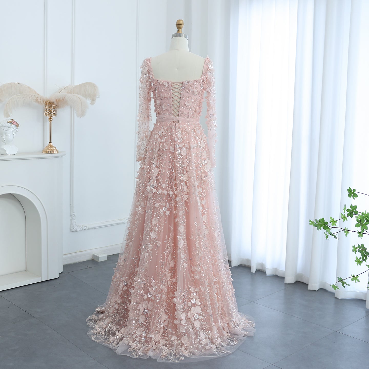 Luxury 3D Flower Gray Long Sleeves A-Line Evening Dress SS353