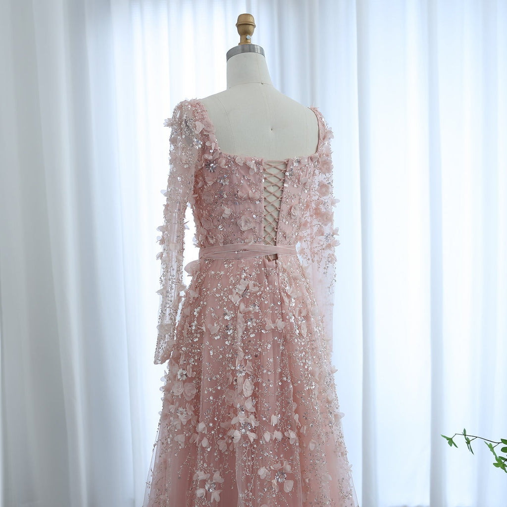 Luxury 3D Flower Gray Long Sleeves A-Line Evening Dress SS353
