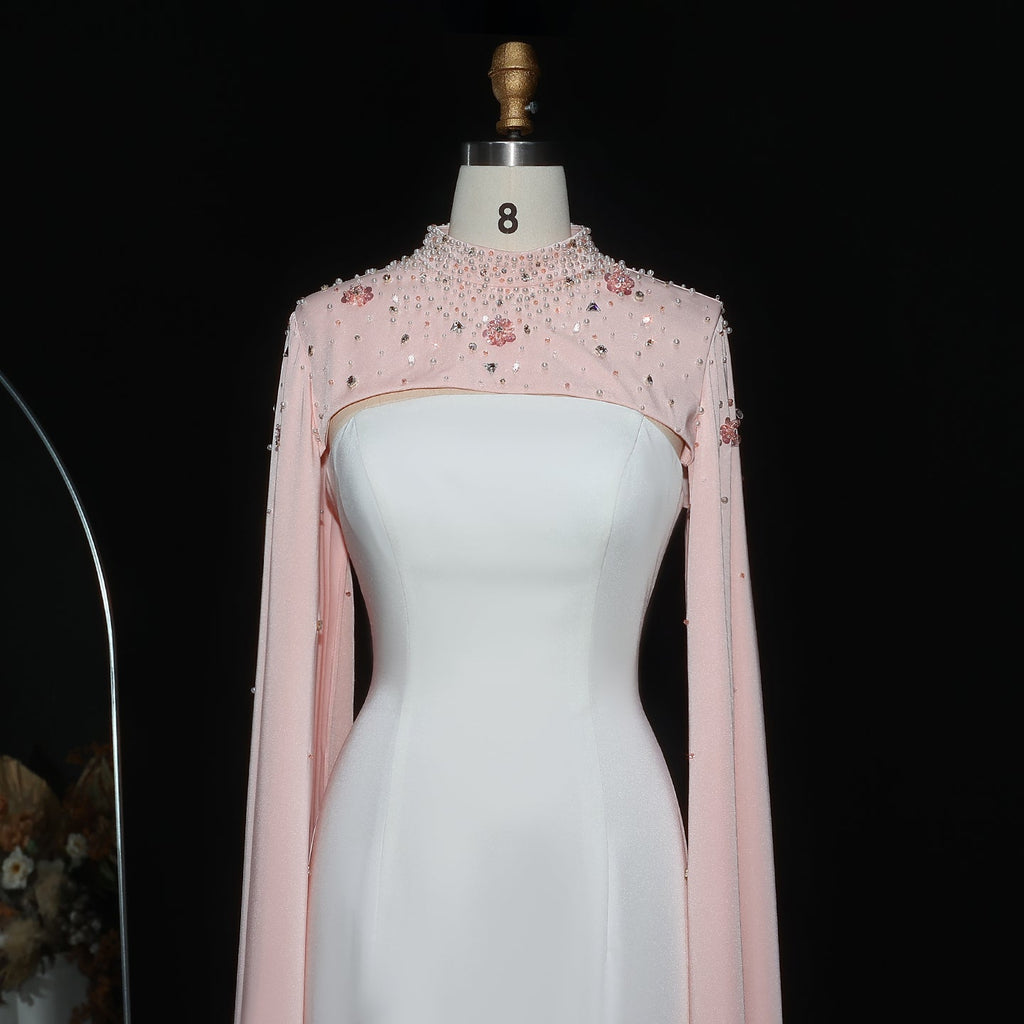 Luxury White Sheath Evening Dress with Crystal Cape SF251