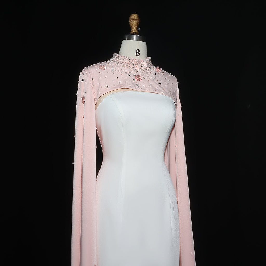 Luxury White Sheath Evening Dress with Crystal Cape SF251