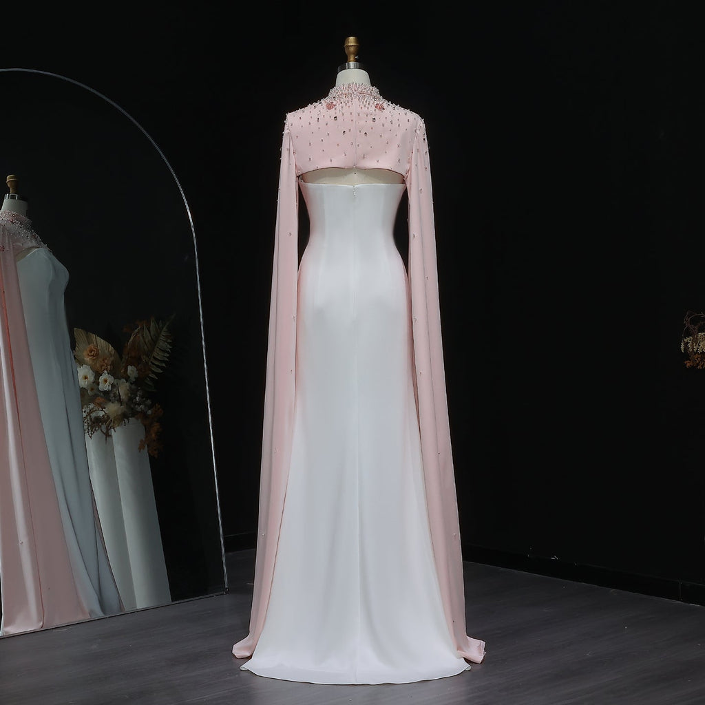 Luxury White Sheath Evening Dress with Crystal Cape SF251