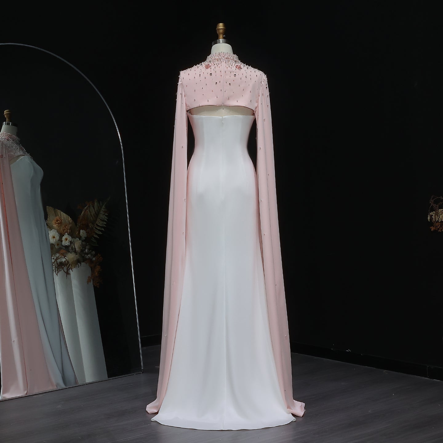 Luxury White Sheath Evening Dress with Crystal Cape SF251
