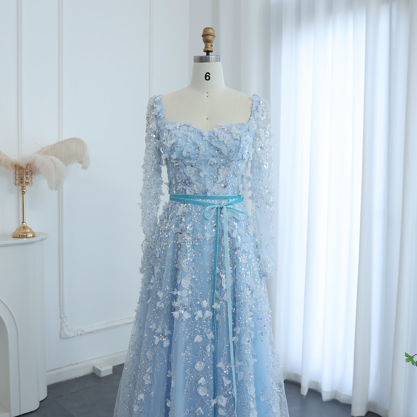 Luxury 3D Flower Gray Long Sleeves A-Line Evening Dress SS353