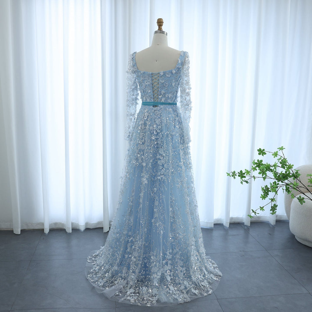 Luxury 3D Flower Gray Long Sleeves A-Line Evening Dress SS353