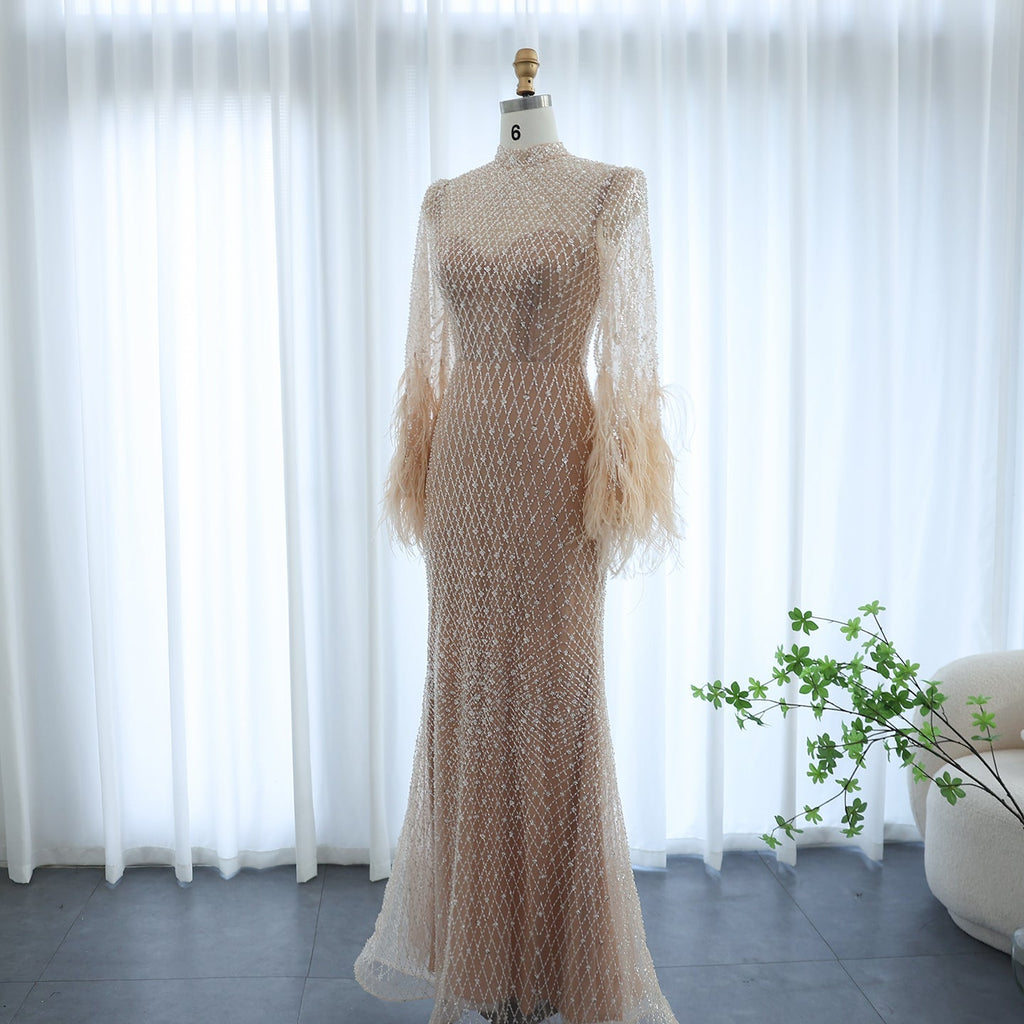 Luxury Feathers Nude Long Sleeves Mermaid Evening Dresses SS227