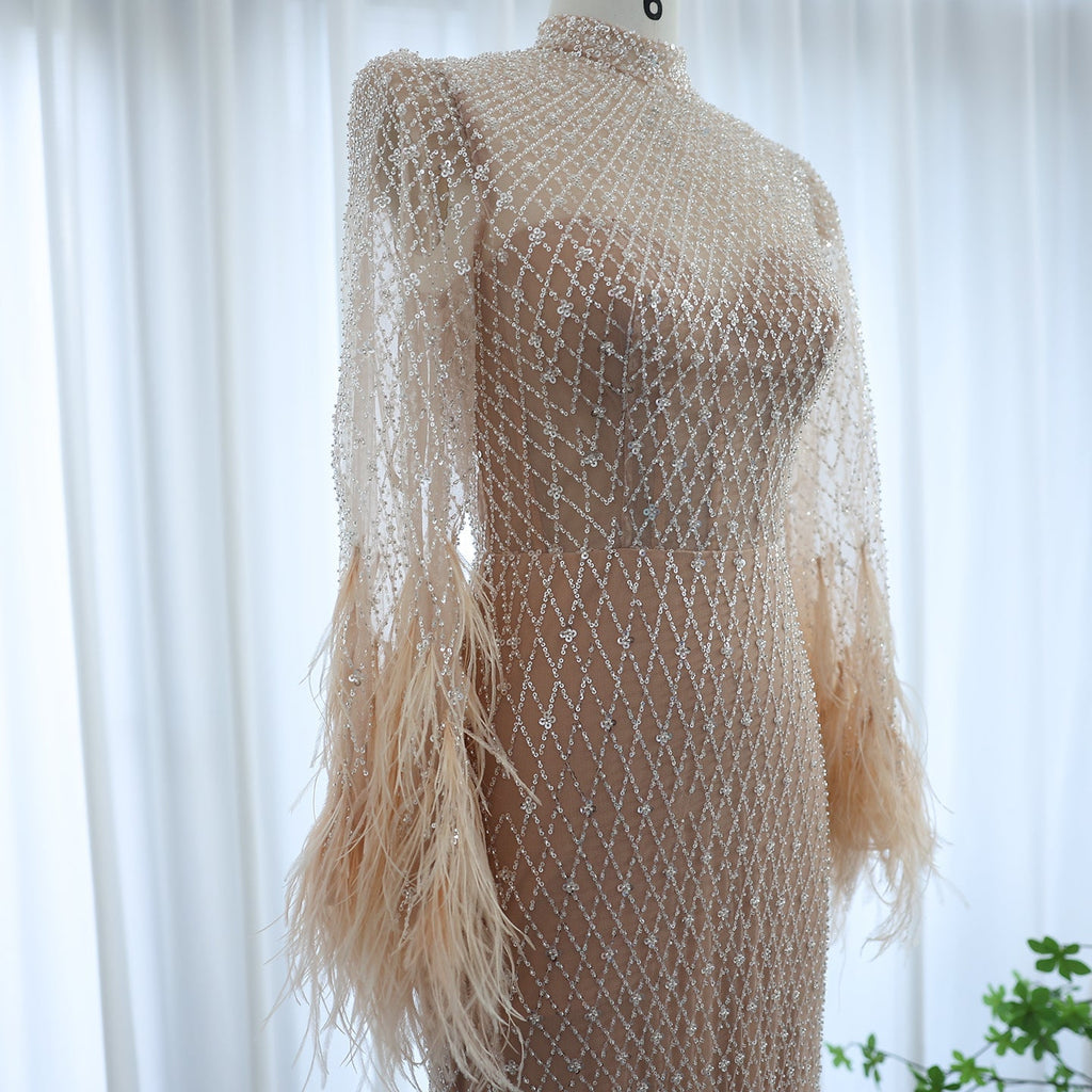 Luxury Feathers Nude Long Sleeves Mermaid Evening Dresses SS227