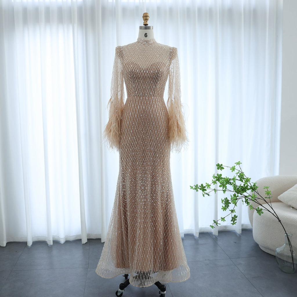 Luxury Feathers Nude Long Sleeves Mermaid Evening Dresses SS227