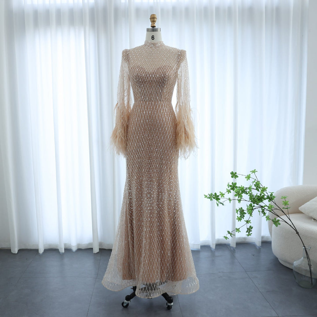 Luxury Feathers Nude Long Sleeves Mermaid Evening Dresses SS227
