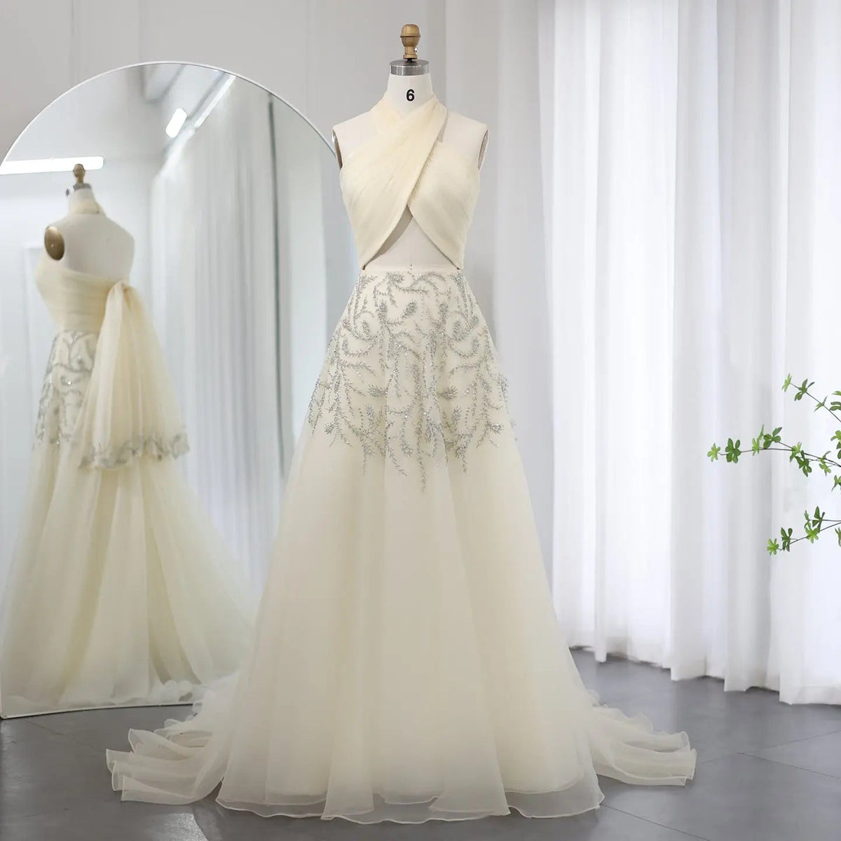 Luxury Crystal Halter Beige Evening Dress SS444