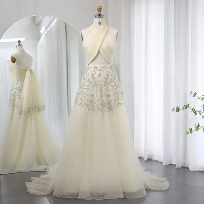 Luxury Crystal Halter Beige Evening Dress SS444