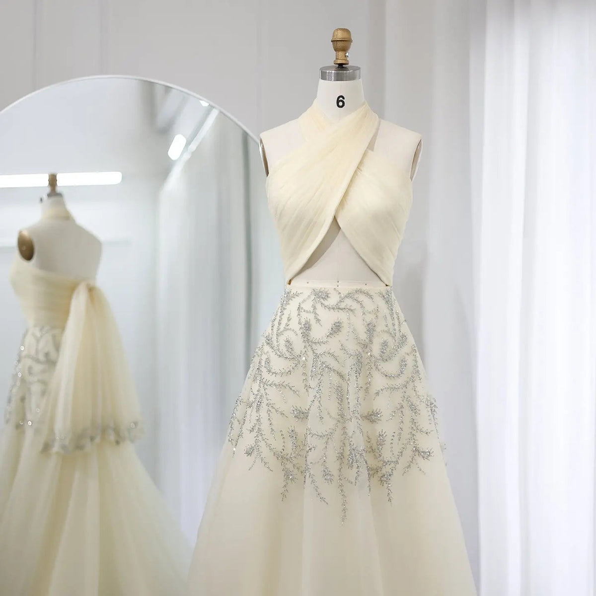 Luxury Crystal Halter Beige Evening Dress SS444