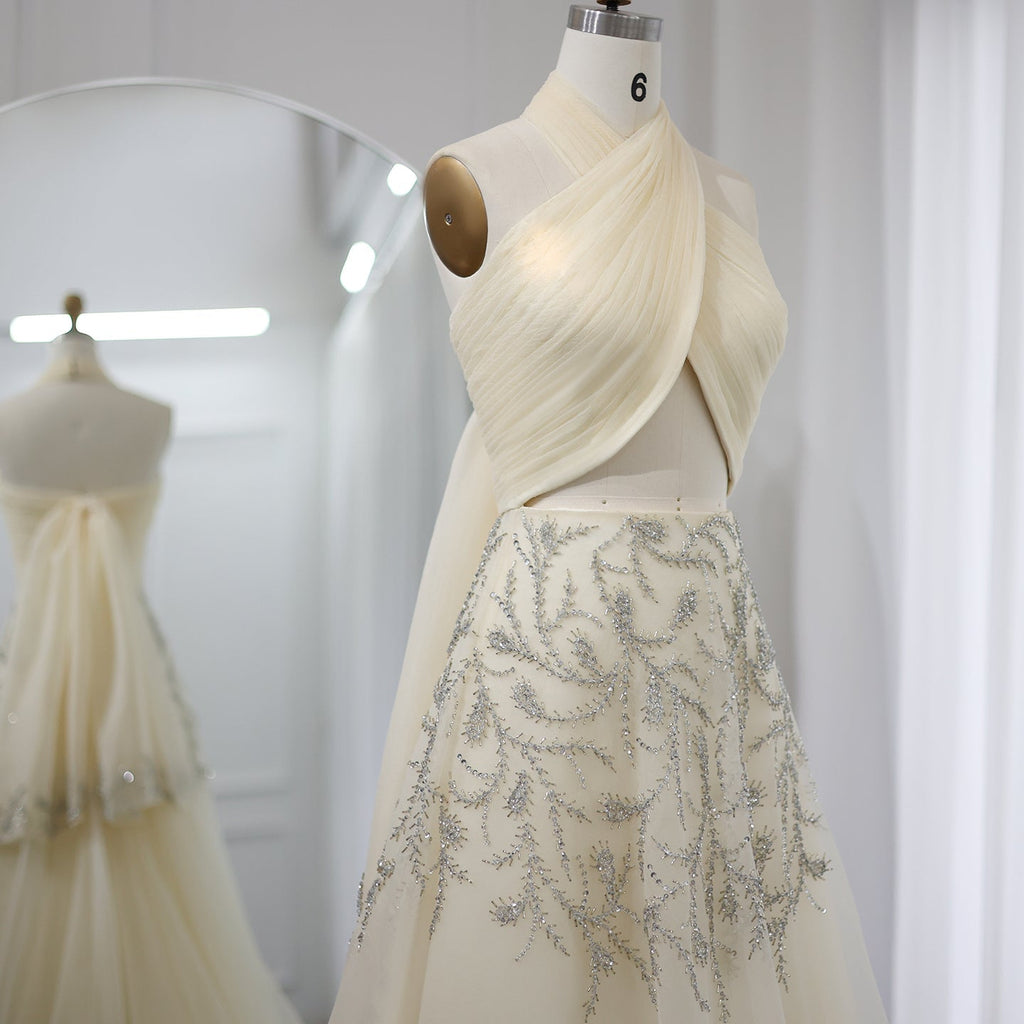 Sexy Beaded Beige Halter A-Line Sleeveless Evening Dress SS444