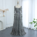 Luxury 3D Flower Gray Long Sleeves A-Line Evening Dress SS353