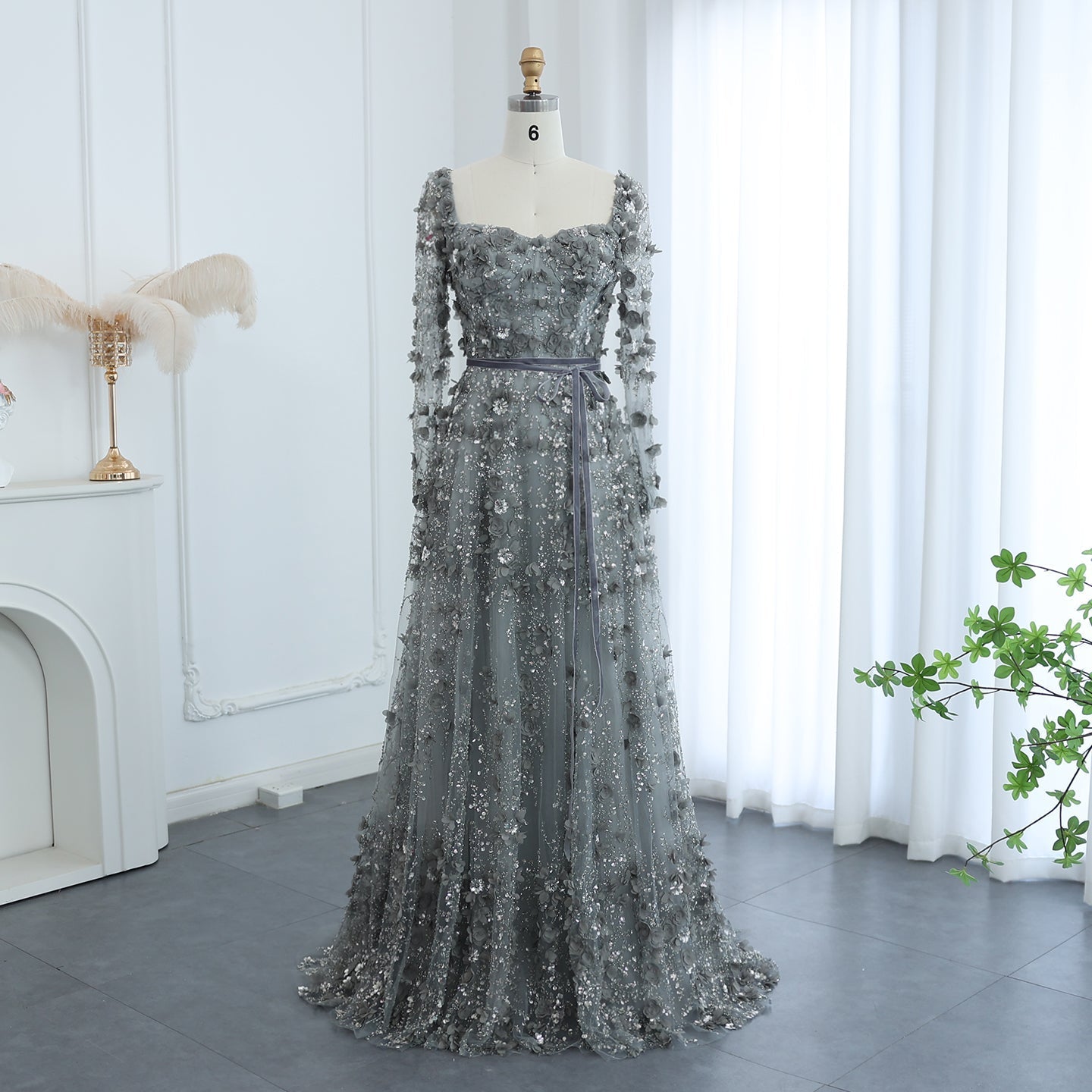 Luxury 3D Flower Gray Long Sleeves A-Line Evening Dress SS353