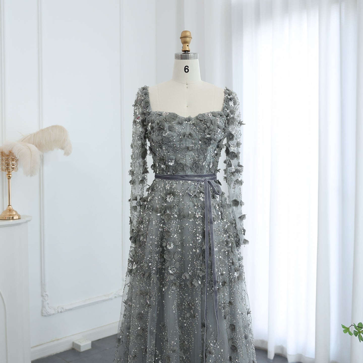 Luxury 3D Flower Gray Long Sleeves A-Line Evening Dress SS353
